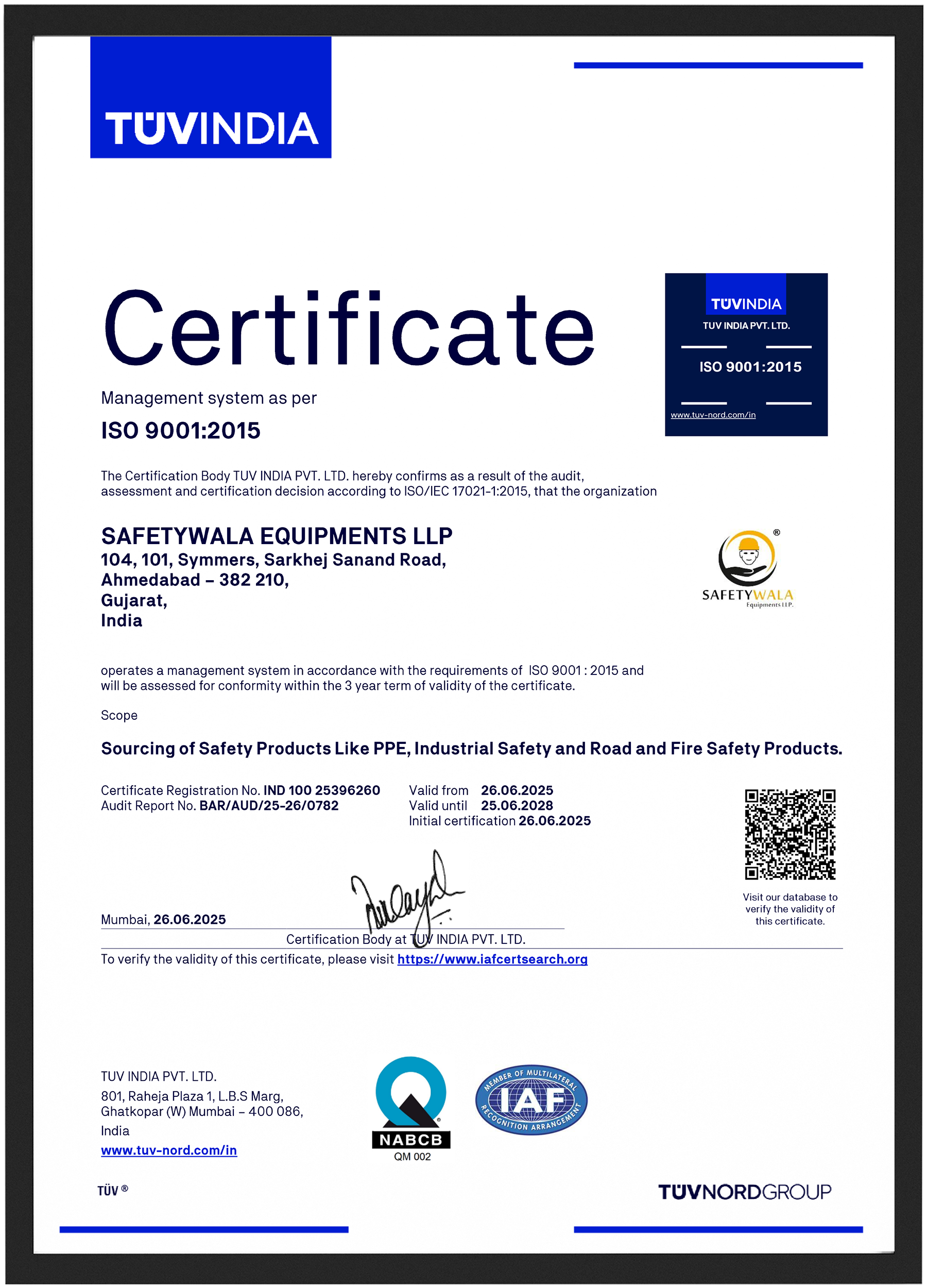 Safetywala ISO 9001:2015 certificate
